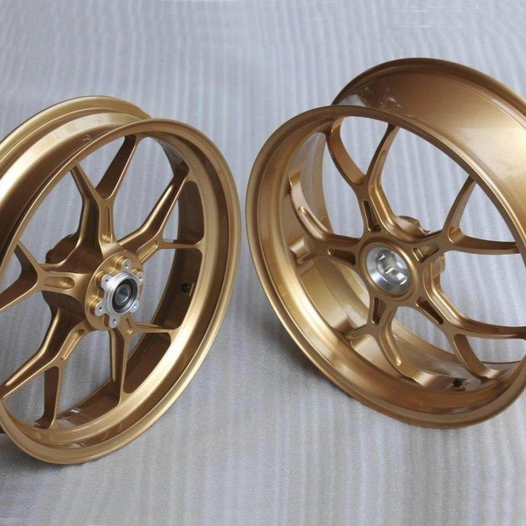 JUEGO DE RUEDAS RACING DE ALUMINIO FORJADO, 5 RADIOS, PVM, FRONTAL 3.50 X 17, TRASERO 5.0 X 17, oro